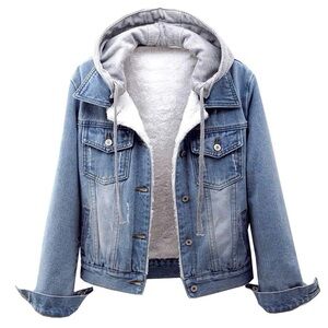 Blue Denim Sherpa lined Jacket with Soft Gray Hood 2XL